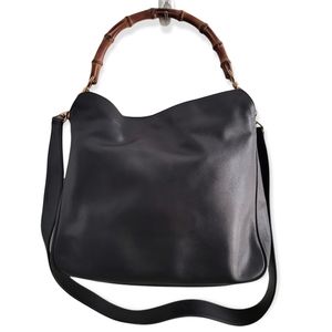 Gucci Bamboo Handle Black Leather Vintage Hobo Handbag w Original Shoulder Strap
